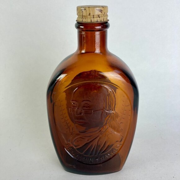 Vintage Log Cabin Buttered Syrup Ben Franklin Collector's Flask Glass Bottle - Picture 4 of 6